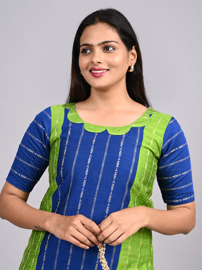 Royal Blue & Parrot Green Thread Zari 2-Piece Set | Elegant Scalp Neck Outfit with Full Lining