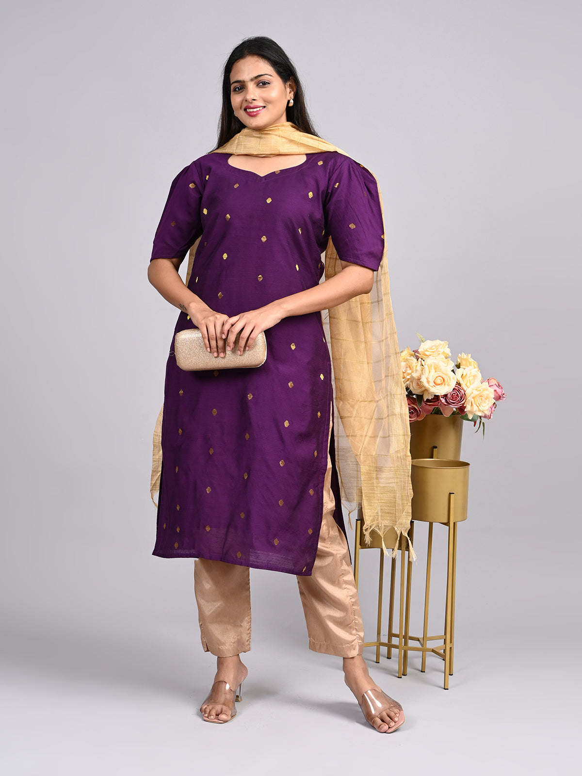 Purple Raw Silk 3-Piece Set | Elegant Traditional Outfit with Subtle Sheen
