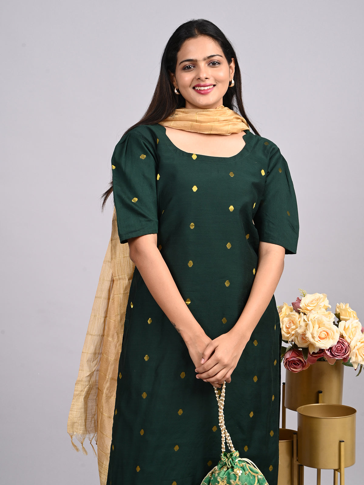 Bottle Green Raw Silk 3-Piece Set | Elegant Traditional Outfit with Subtle Sheen