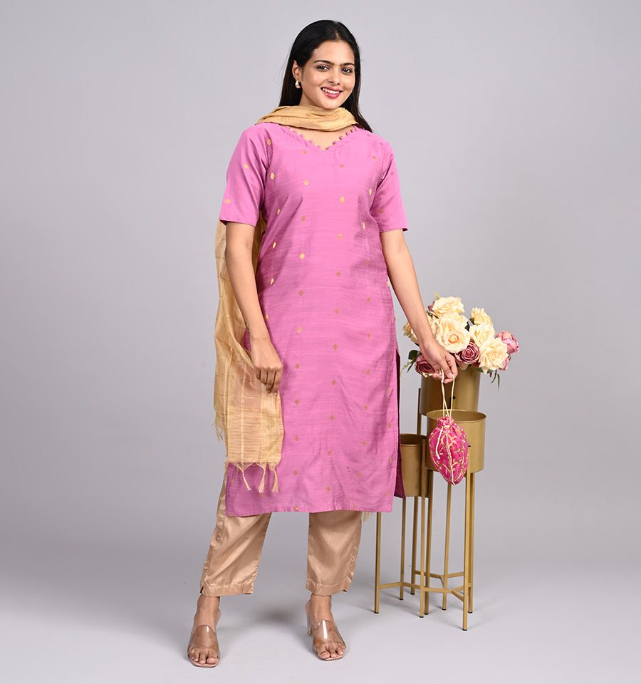 Raw silk Kurtis 3 pcs set pink colour