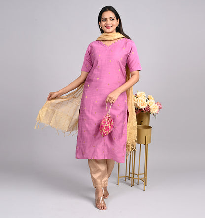 Raw silk Kurtis 3 pcs set pink colour