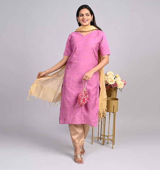 Raw silk Kurtis 3 pcs set pink colour