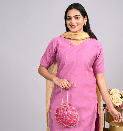 Raw silk Kurtis 3 pcs set pink colour