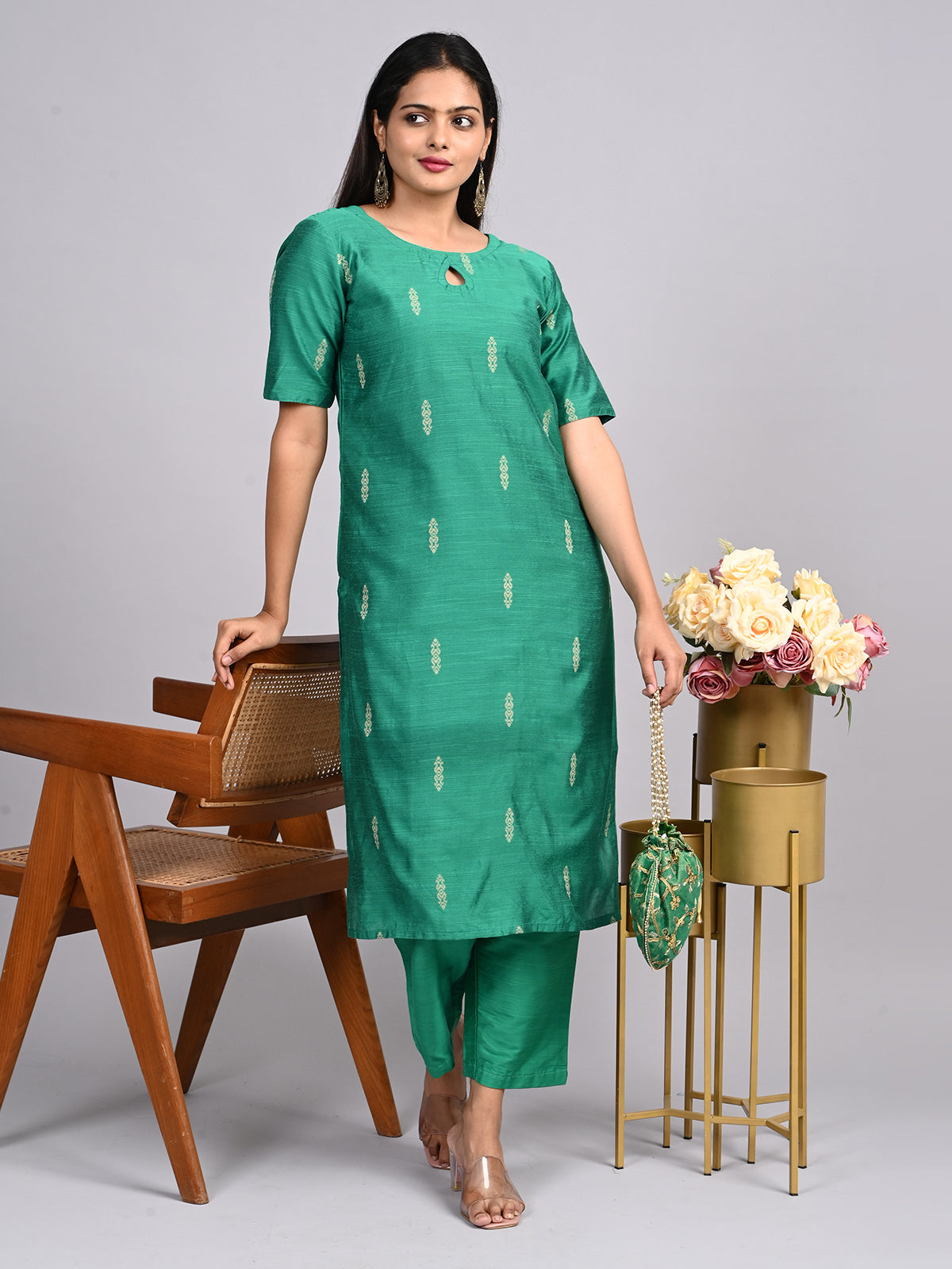 Rama Green Raw Silk Co-ord Set | Elegant 2-Piece Outfit with Front Keyhole Neck