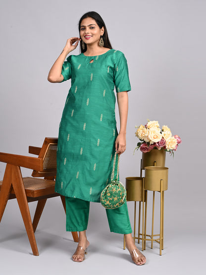 Rama Green Raw Silk Co-ord Set | Elegant 2-Piece Outfit with Front Keyhole Neck