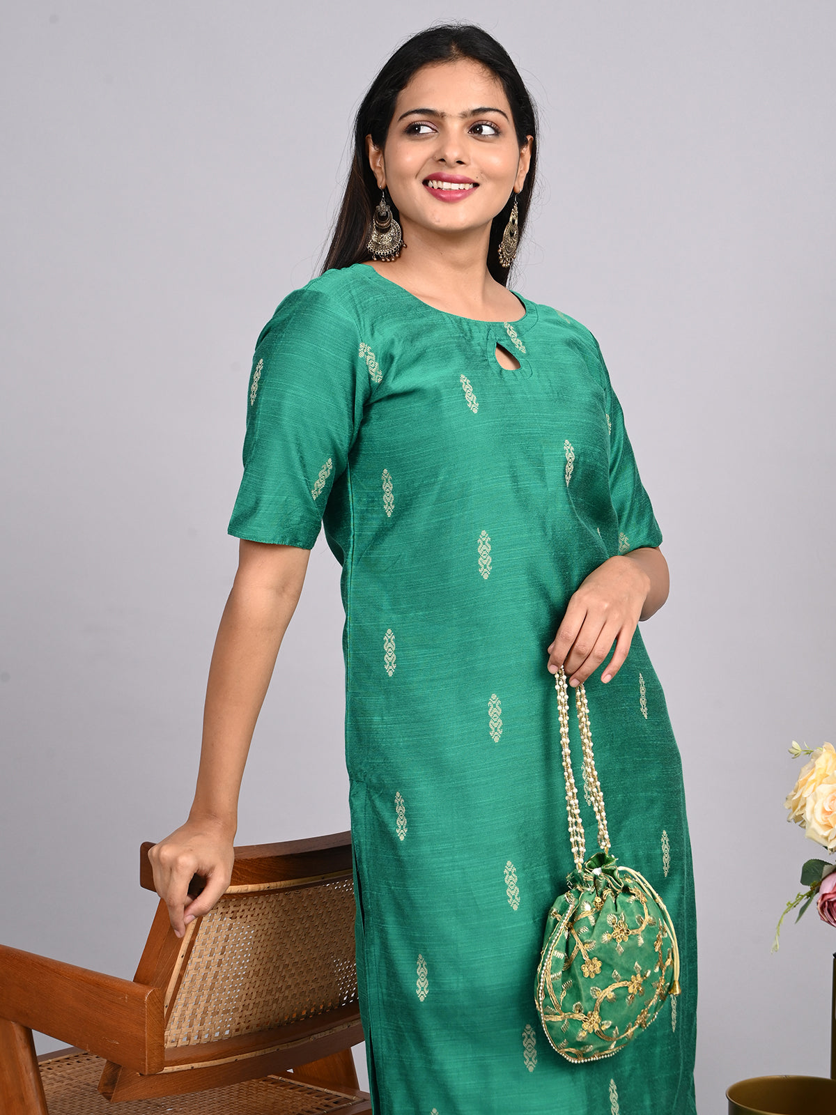 Rama Green Raw Silk Co-ord Set | Elegant 2-Piece Outfit with Front Keyhole Neck