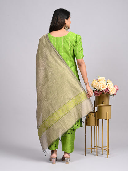 Lime Green Thread Zari Suit Set | Contrast Jacquard Weaving Dupatta with Matching Pants