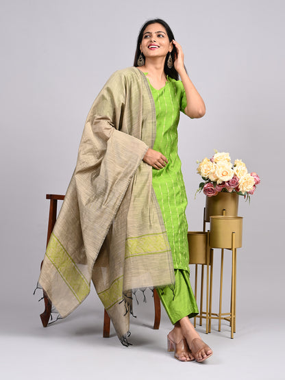 Lime Green Thread Zari Suit Set | Contrast Jacquard Weaving Dupatta with Matching Pants
