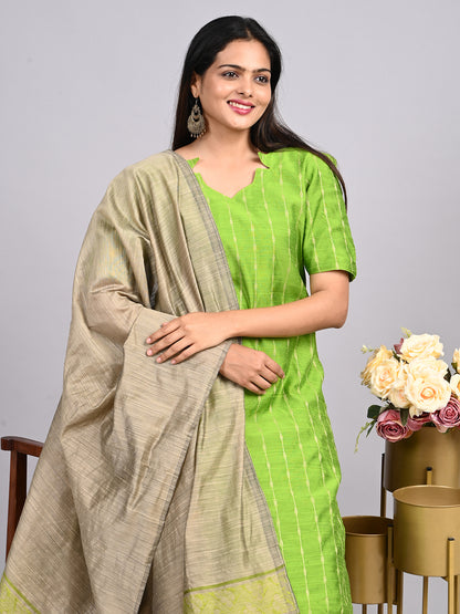 Lime Green Thread Zari Suit Set | Contrast Jacquard Weaving Dupatta with Matching Pants