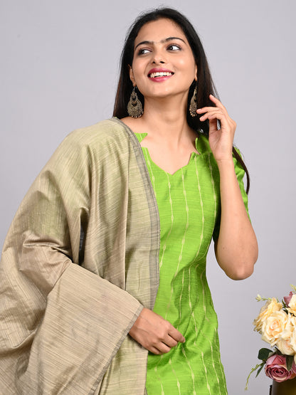 Lime Green Thread Zari Suit Set | Contrast Jacquard Weaving Dupatta with Matching Pants
