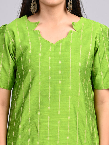 Lime Green Thread Zari Suit Set | Contrast Jacquard Weaving Dupatta with Matching Pants