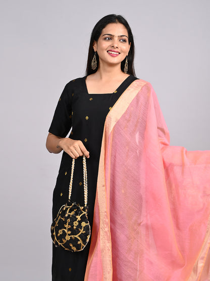 Black Raw Silk 3-Piece Set | Elegant Traditional Outfit with Subtle Sheen