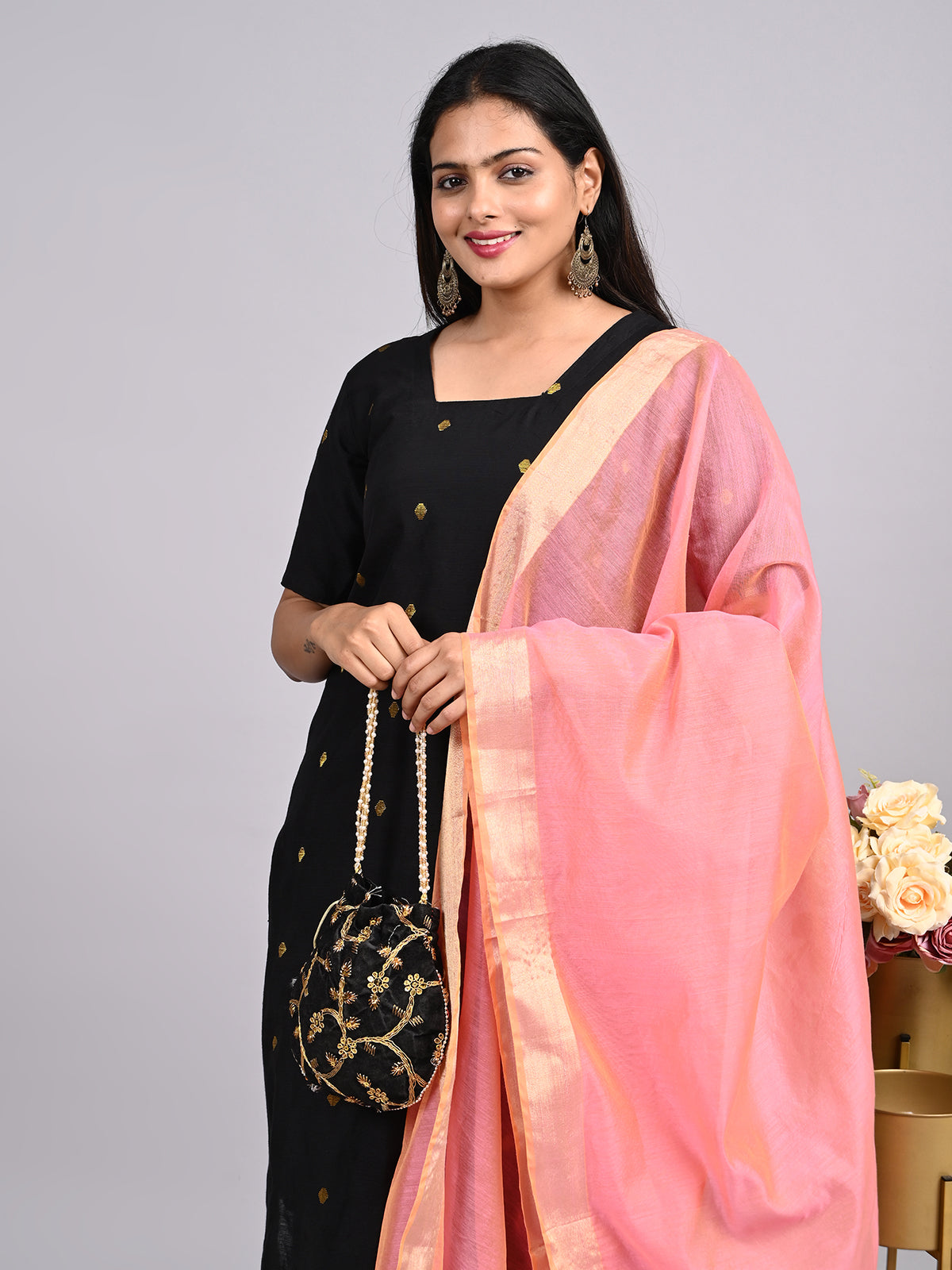 Black Raw Silk 3-Piece Set | Elegant Traditional Outfit with Subtle Sheen
