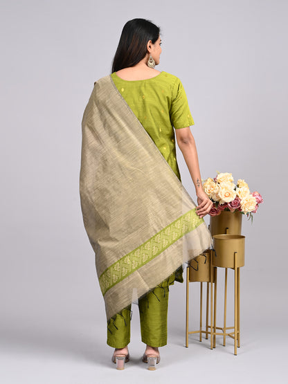 Light Olive Green Suit Set | Keyhole Neck with Handmade Pottly Balls & Contrast Jacquard Weaving Shawl