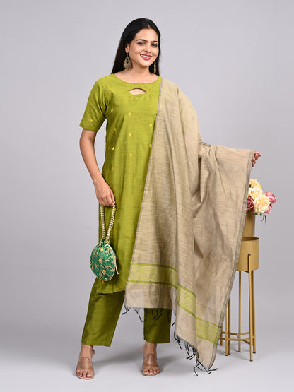 Light Olive Green Suit Set | Keyhole Neck with Handmade Pottly Balls & Contrast Jacquard Weaving Shawl