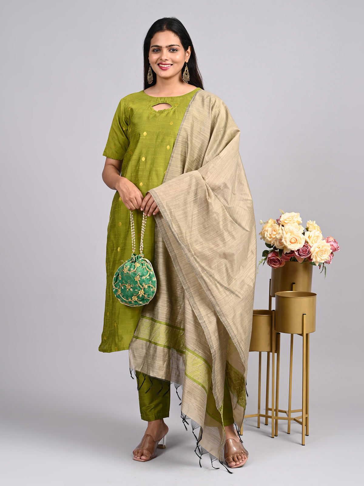 Light Olive Green Suit Set | Keyhole Neck with Handmade Pottly Balls & Contrast Jacquard Weaving Shawl