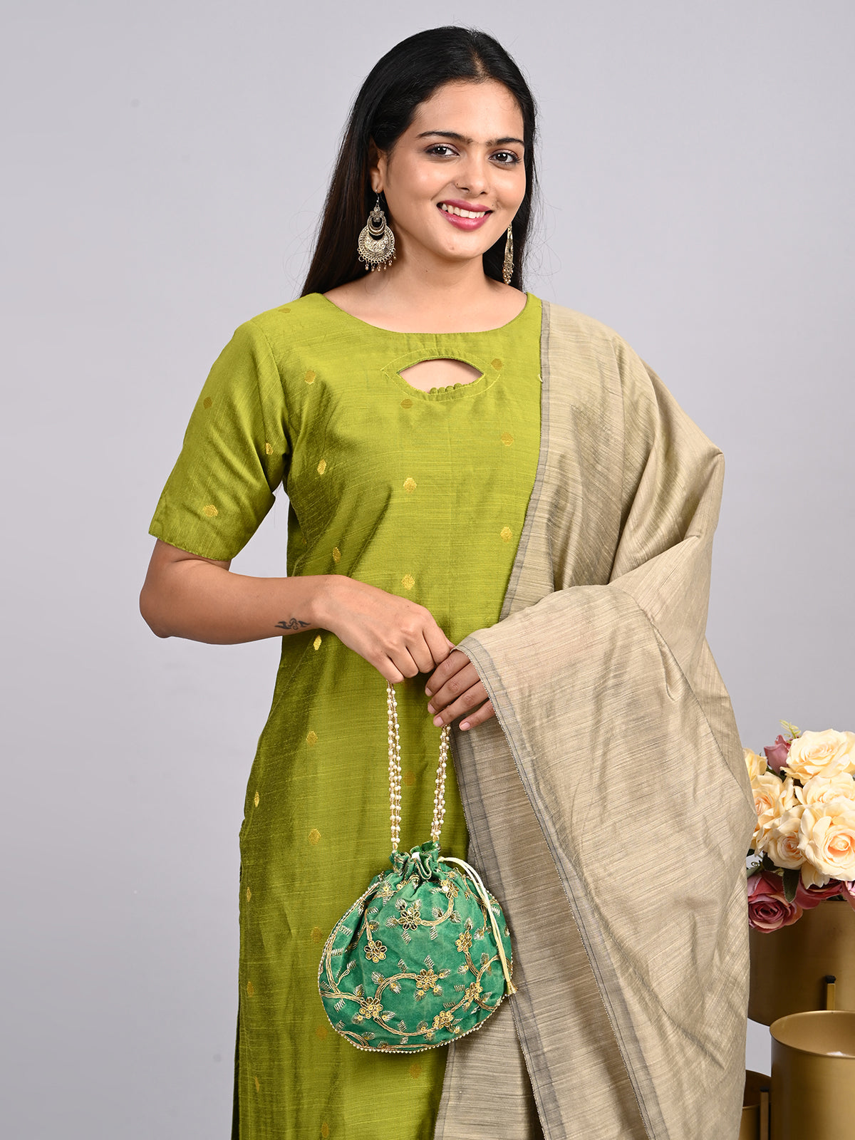 Light Olive Green Suit Set | Keyhole Neck with Handmade Pottly Balls & Contrast Jacquard Weaving Shawl