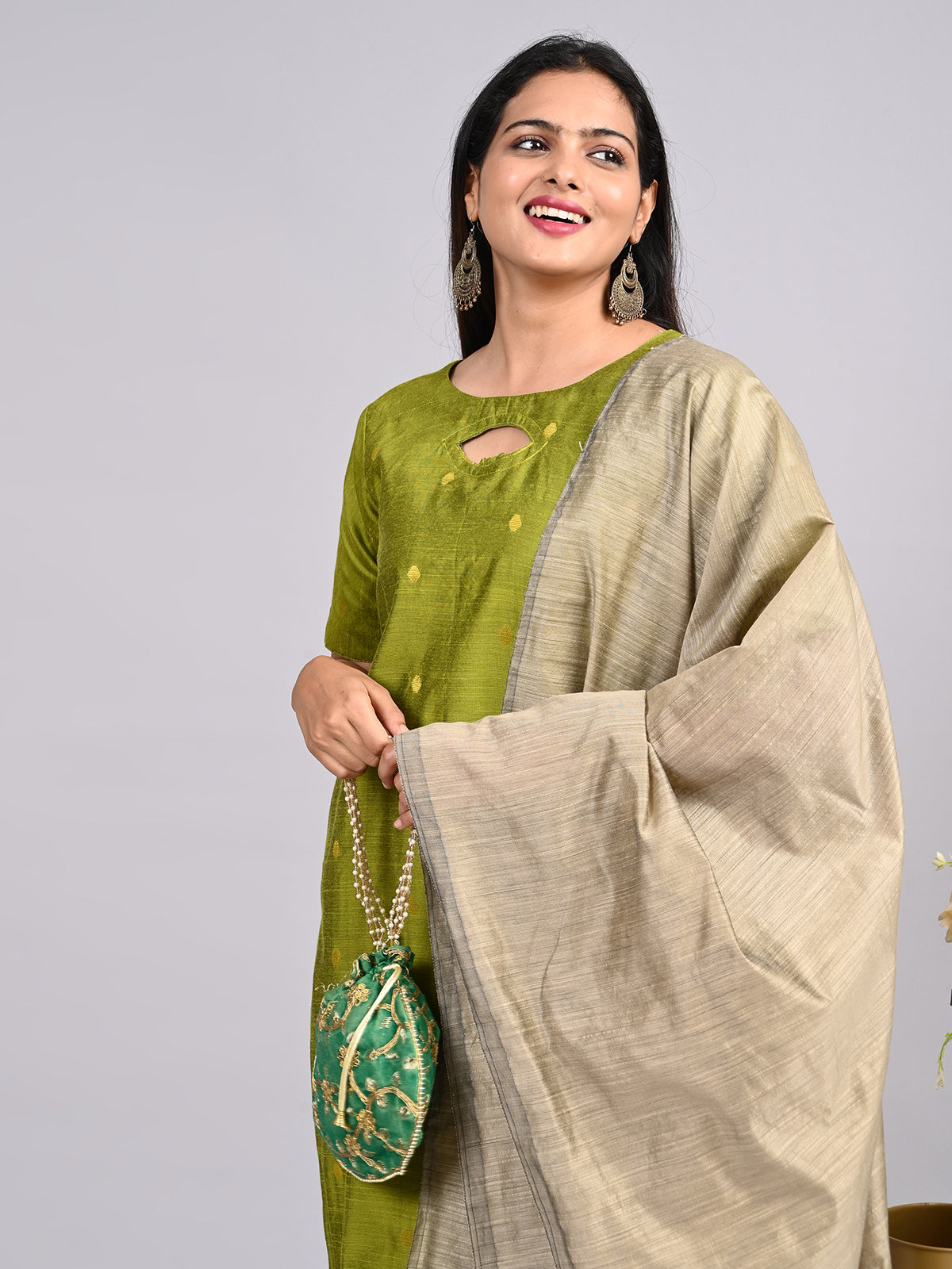 Light Olive Green Suit Set | Keyhole Neck with Handmade Pottly Balls & Contrast Jacquard Weaving Shawl