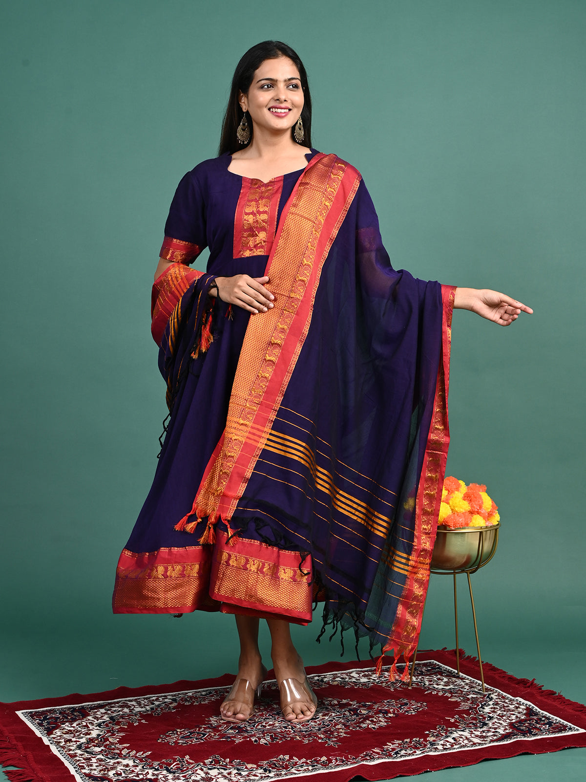 Narayanpet Zari Anarkali Top with Shawl