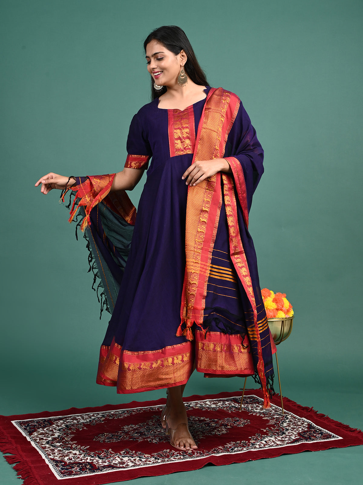 Narayanpet Zari Anarkali Top with Shawl