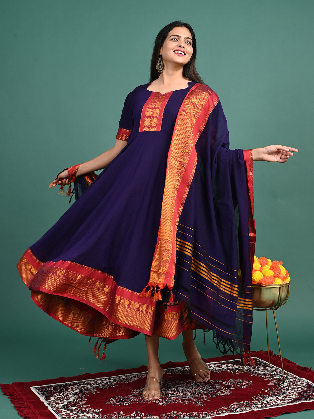 Narayanpet Zari Anarkali Top with Shawl