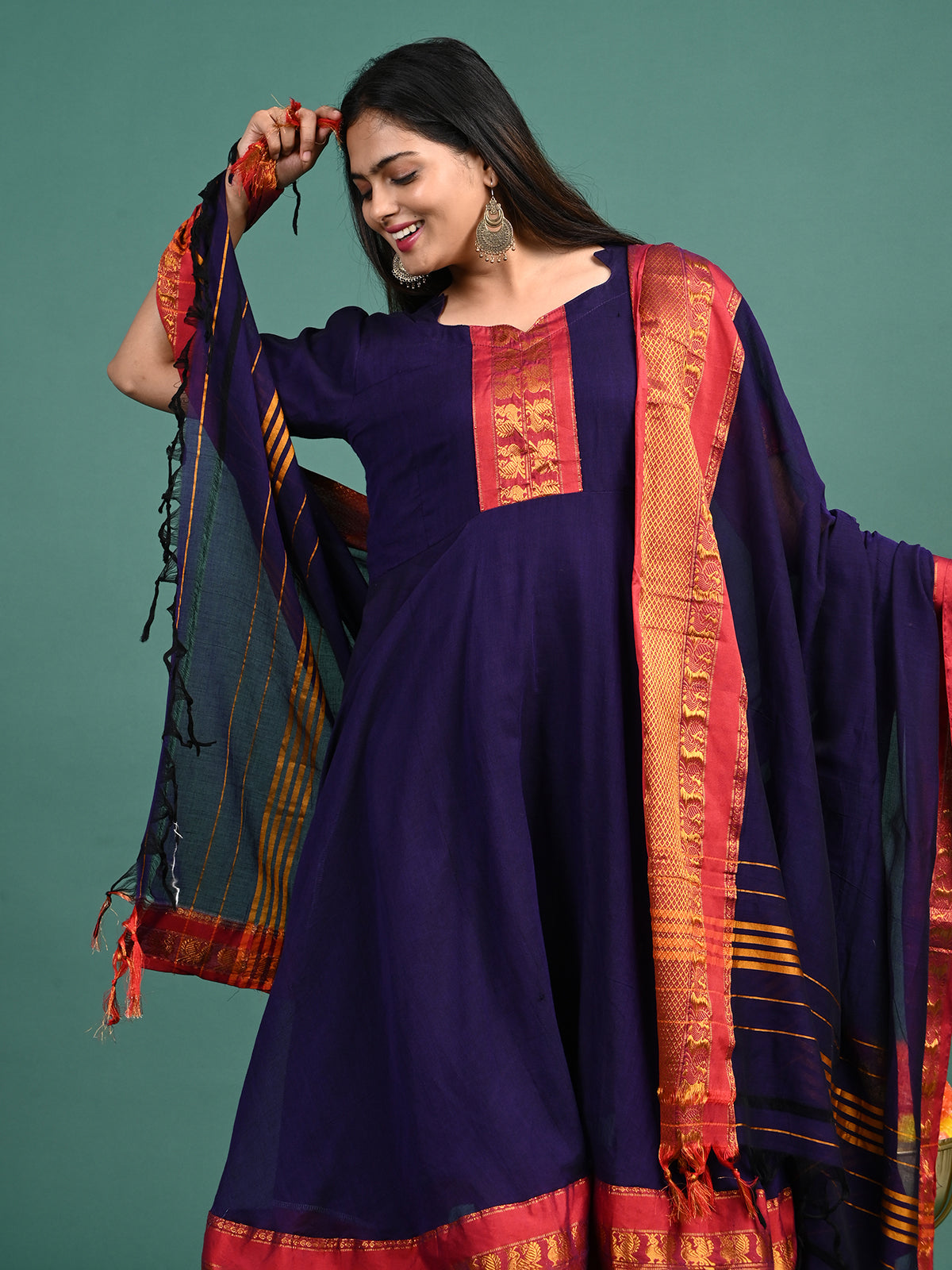 Narayanpet Zari Anarkali Top with Shawl