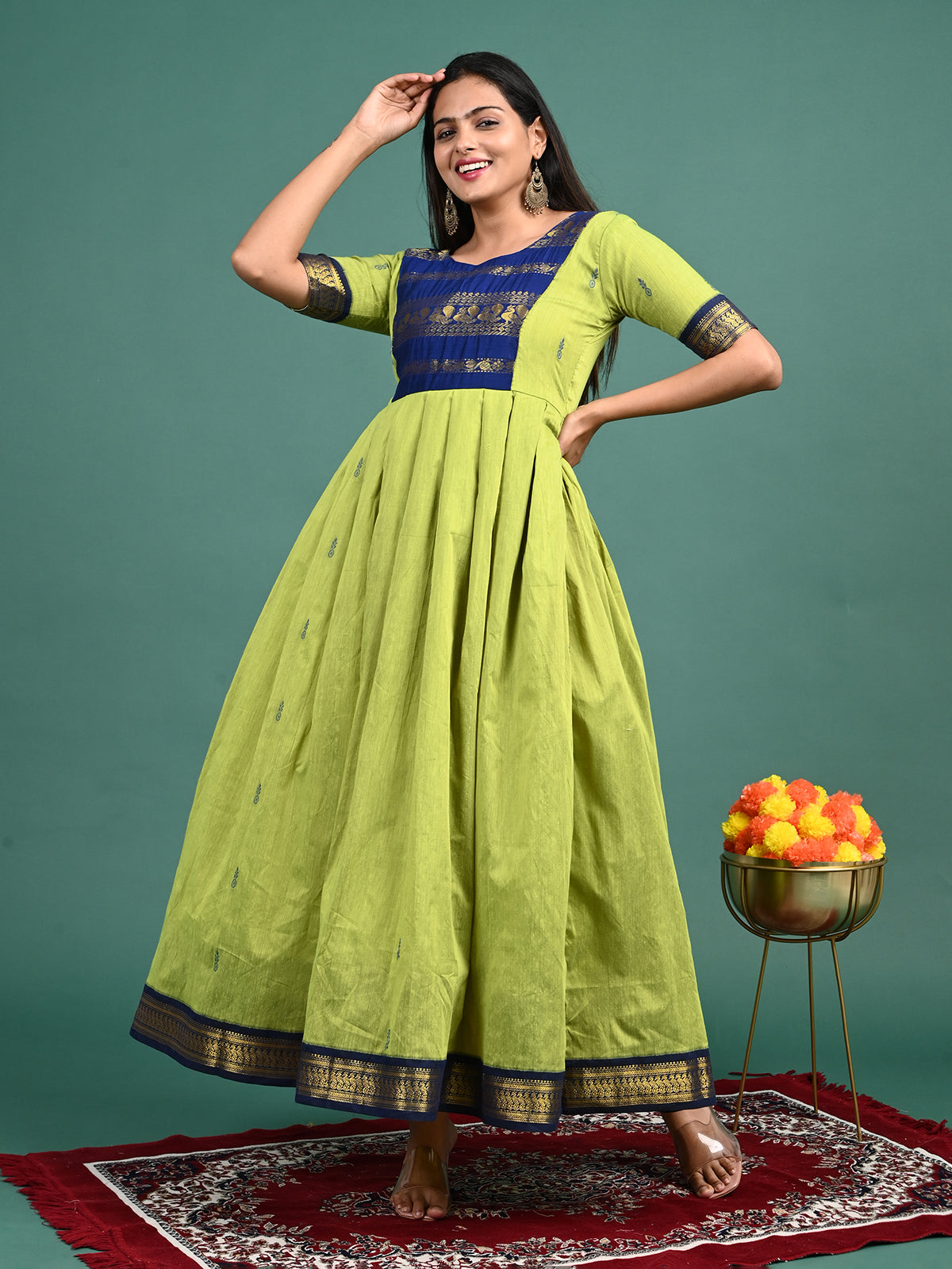Kalyani Cotton Maxi Gown – Parette Green & Royal Blue