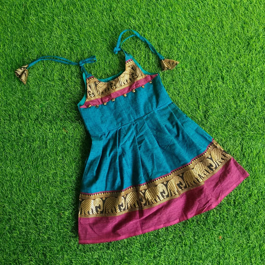 Handcrafted Chettinad Cotton Infant Tie-Up Frock with Elephant Motifs