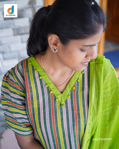 cotton 3 piece kurthi set with duppata - Green striped Design
