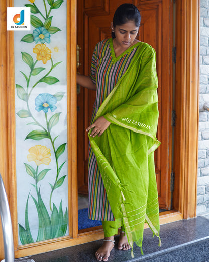 cotton 3 piece kurthi set with duppata - Green striped Design