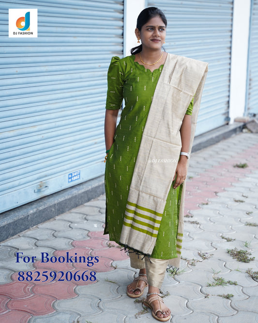 Trendy Raw Silk 3-Piece Kurthi Set with Dupatta (OLIVE GREEN)