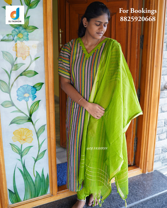 cotton 3 piece kurthi set with duppata - Green striped Design