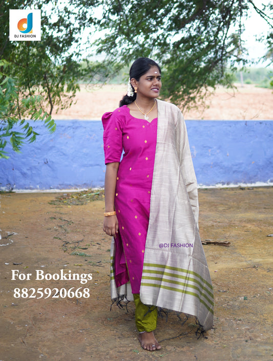 Trendy Raw Silk 3-Piece Kurthi Set with Dupatta (Rose)