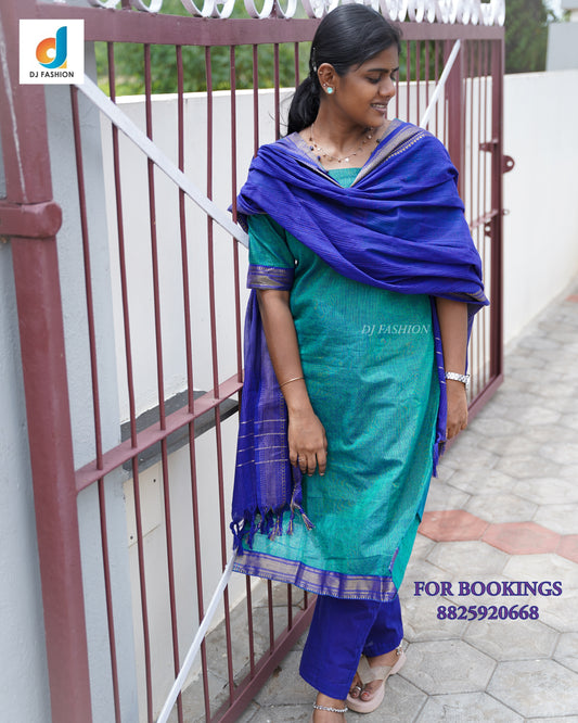 Traditional Mangalagiri Cotton Kutti Set with V-Patch Yoke & Potli Buttons