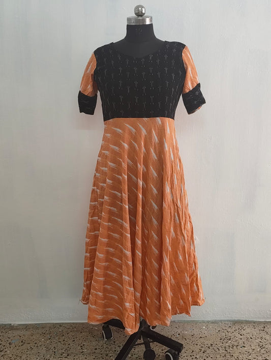 Traditional Ikkat Full Frock with Elegant Flare & Handloom-Inspired Charm