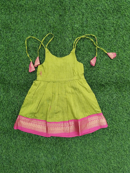 Kalyani Cotton Infants Tie-Up Strap Dress – Parrot Green & Pink Combo