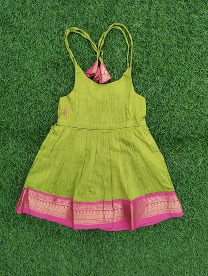 Kalyani Cotton Infants Tie-Up Strap Dress – Parrot Green & Pink Combo