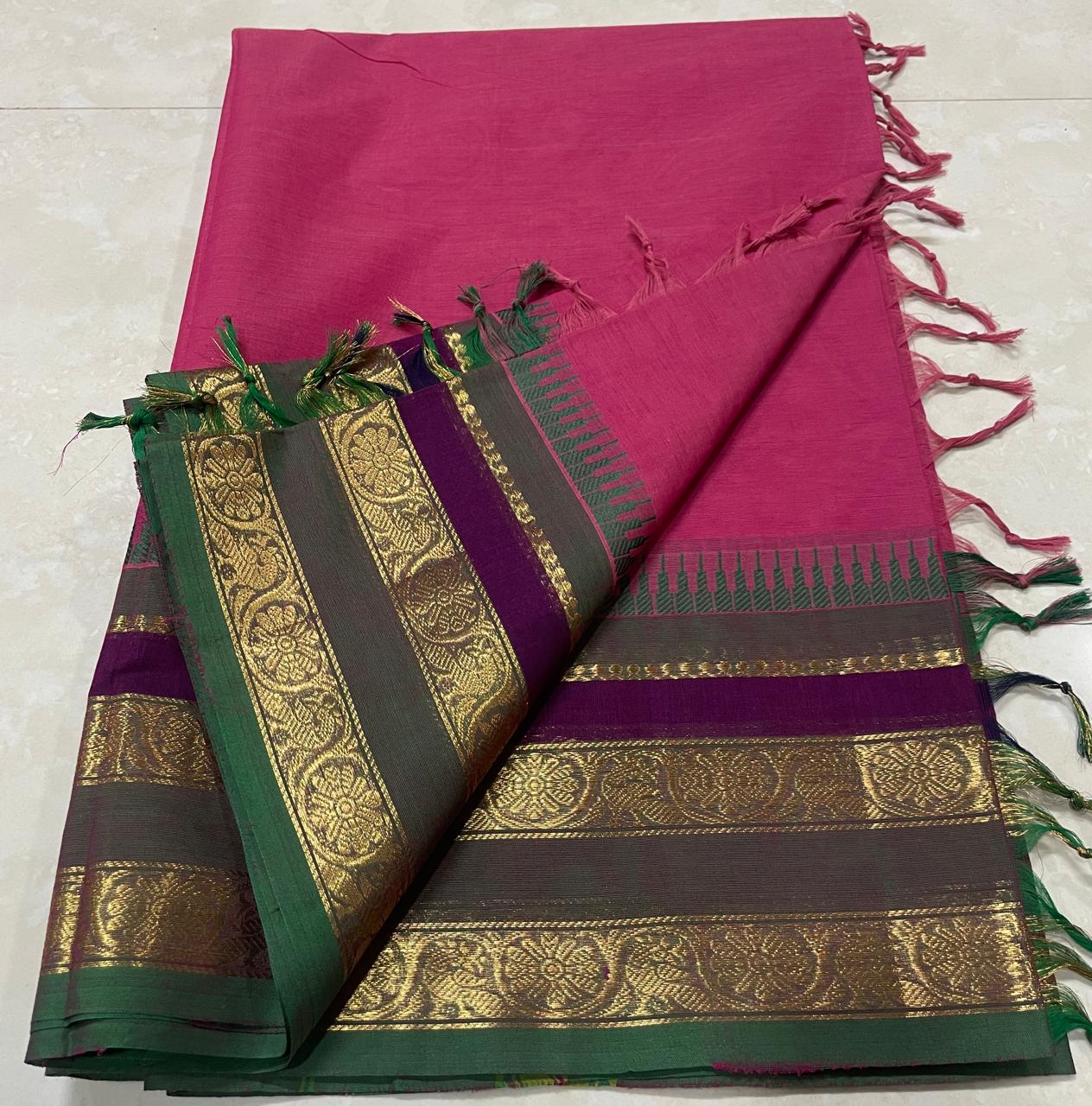 Attractive Premium-quality 100-count Kanchi Cotton Saree without blouse, featuring rich woven Kanchi border and elegant texture - DJ Fashion