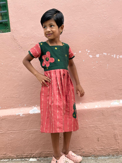 Kids Ethnic Frock - Raw silk with thread Zari - Dark green and Peach pink with Floral applique