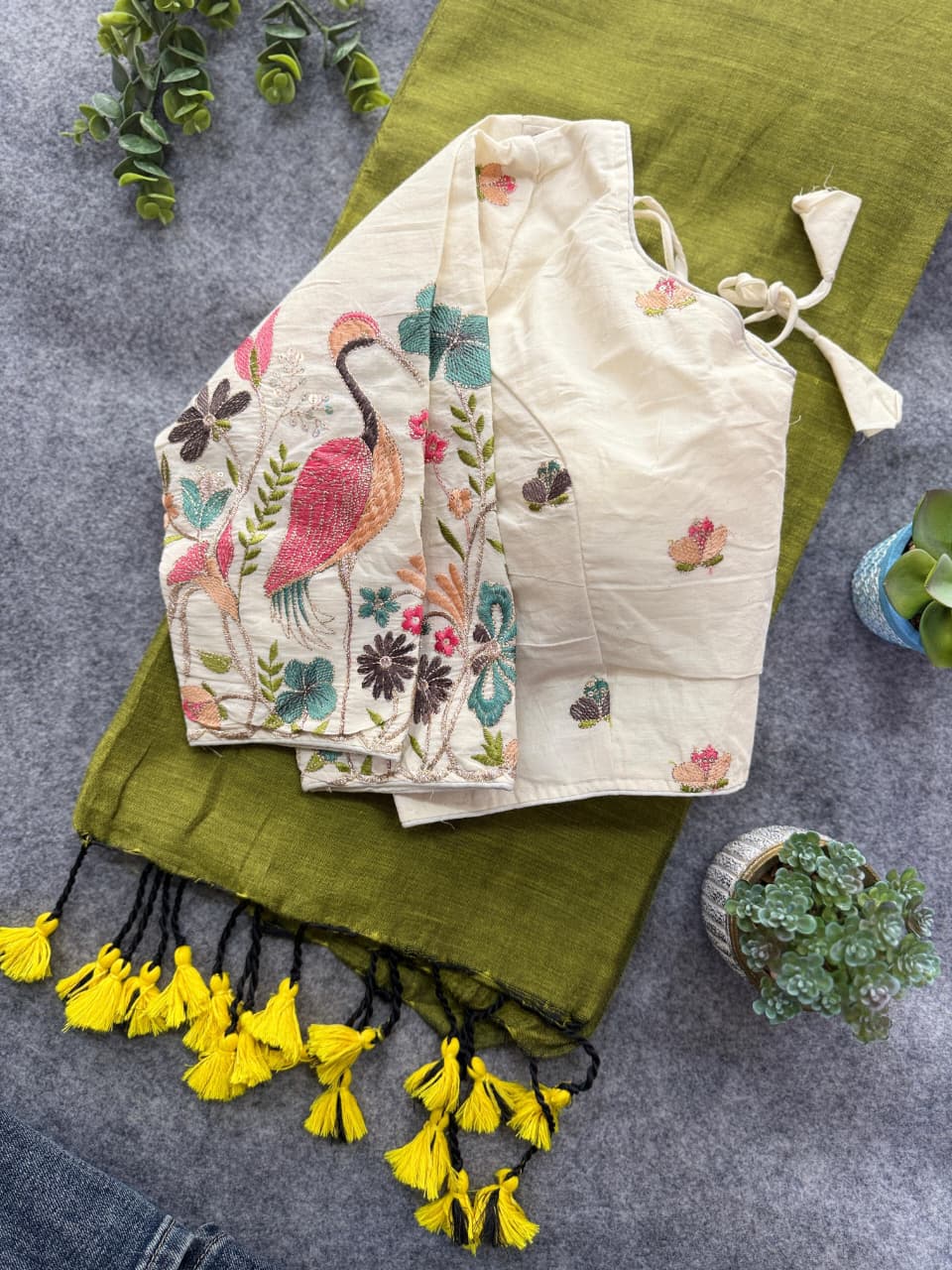 Formal wear Light Green mul cotton silk saree with attached embroidery work blouse , office wear & family gatherings - DJ Fashion