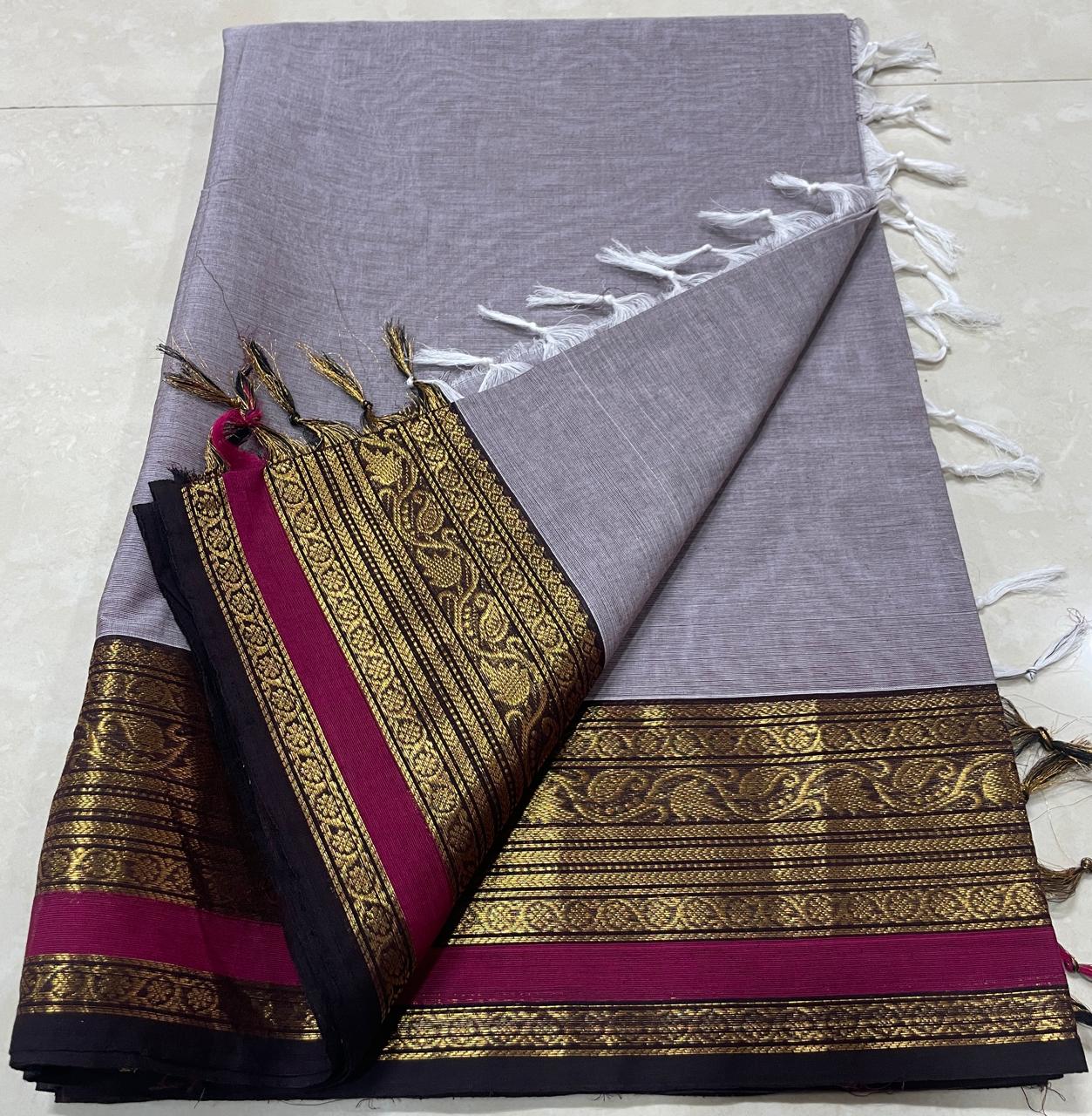 Classic Kanchi Cotton Saree in fine 100-count weave, featuring premium Kanchi border design for festive wear - DJ Fashion