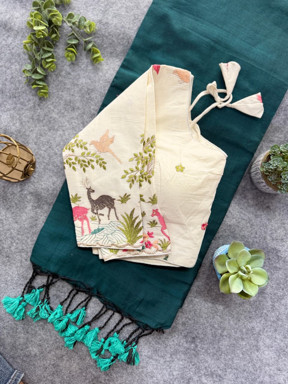 Formal wear blue mul cotton silk saree with attached embroidery work blouse , office wear & family gatherings - DJ Fashion