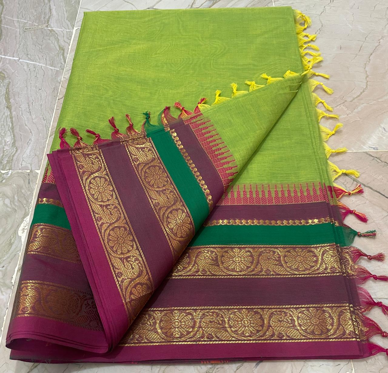 Soft, breathable 100-count Kanchi Cotton Saree designed with rich Kanchi border detailing. Perfect for festive and cultural wear. No blouse piece - DJ Fashion