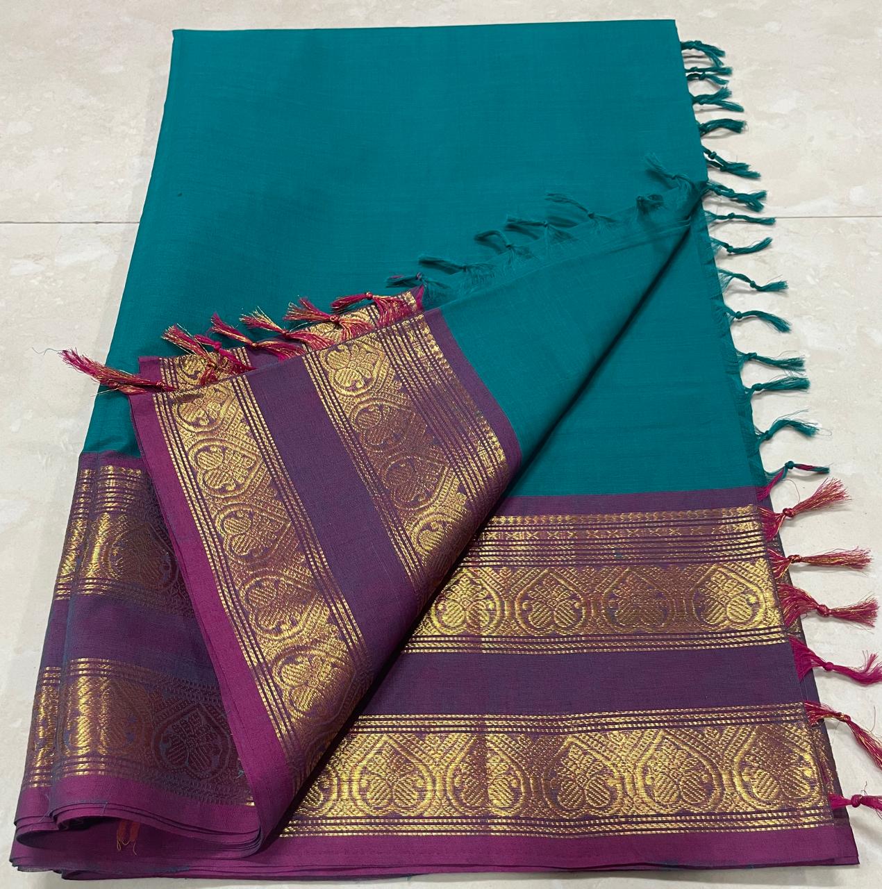 Premium-quality 100-count Kanchi Cotton Saree without blouse, featuring rich woven Kanchi border and elegant texture - DJ Fashion