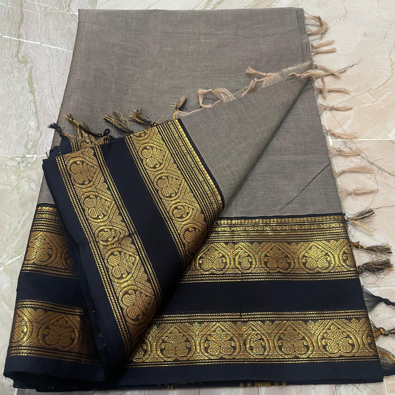 Traditional Premium-quality 100-count Kanchi Cotton Saree without blouse, featuring rich woven Kanchi border and elegant texture - DJ Fashion