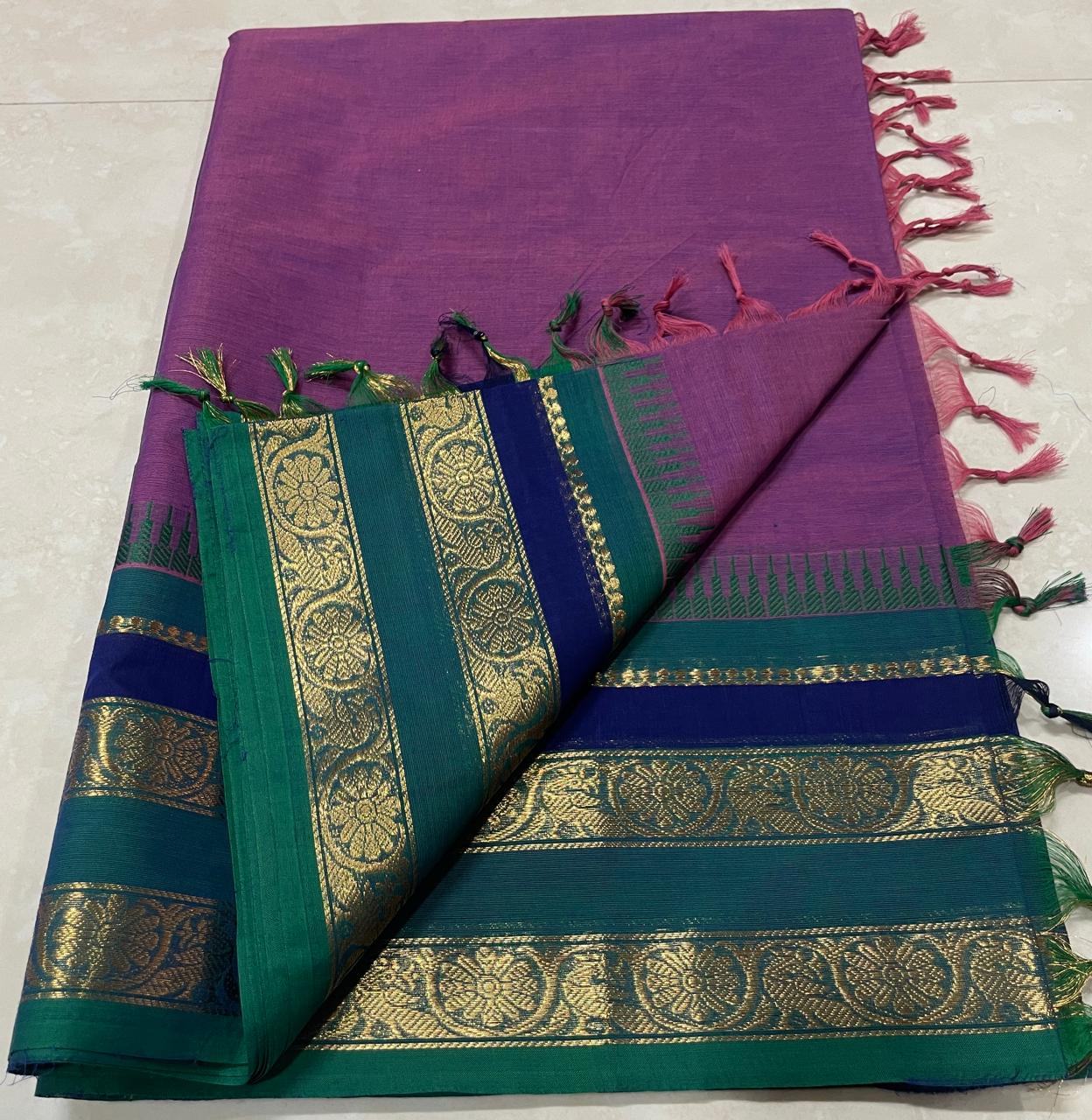 Premium-quality 100-count Kanchi Cotton Saree without blouse, featuring rich woven Kanchi border and elegant texture - DJ Fashion