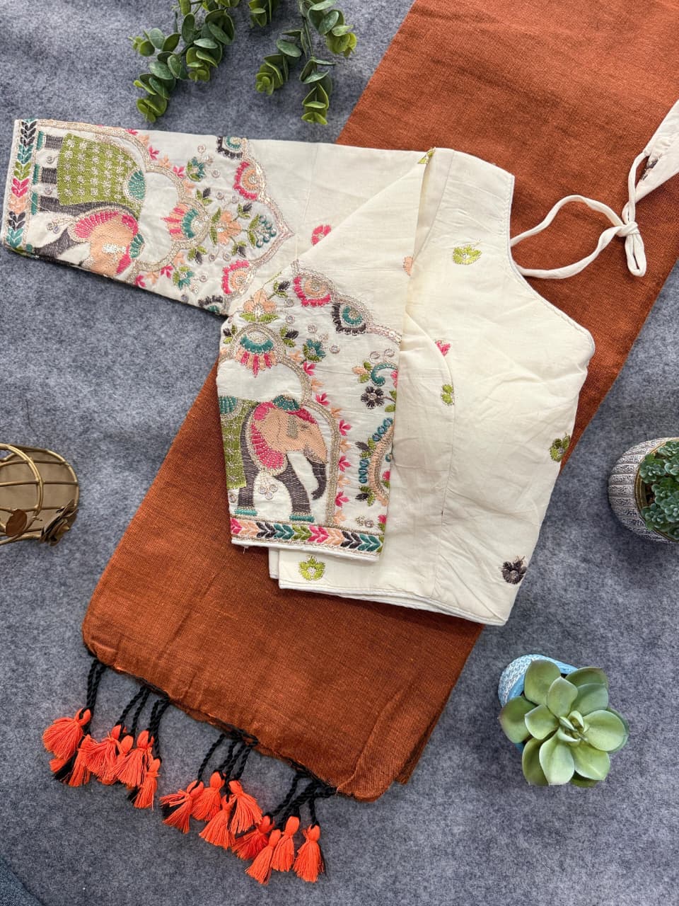 Attractive Orange mul cotton silk saree with attached embroidery work blouse , office wear & family gatherings - DJ Fashion