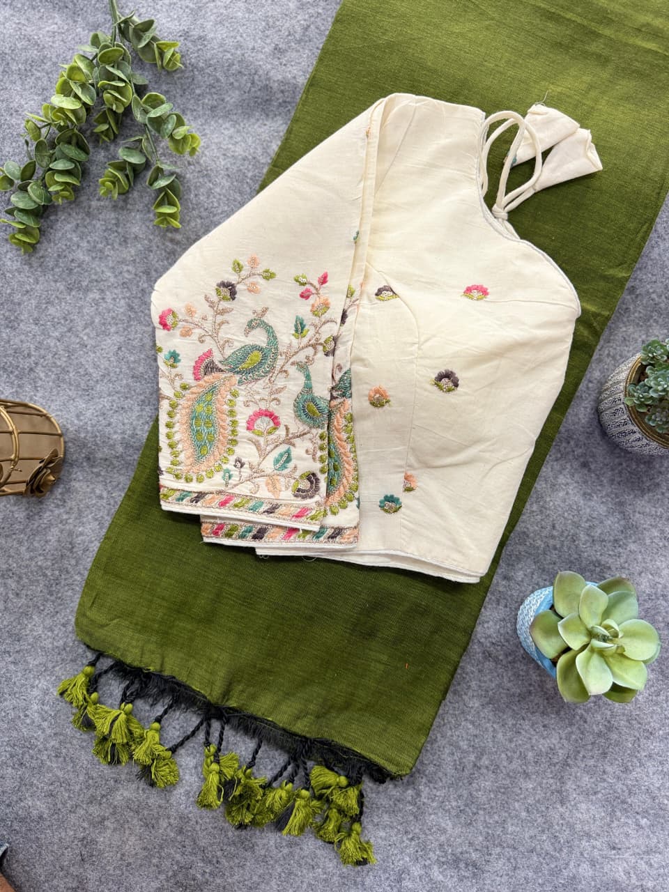 Elegant Green mul cotton silk saree with attached embroidery work blouse , office wear & family gatherings - DJ Fashion