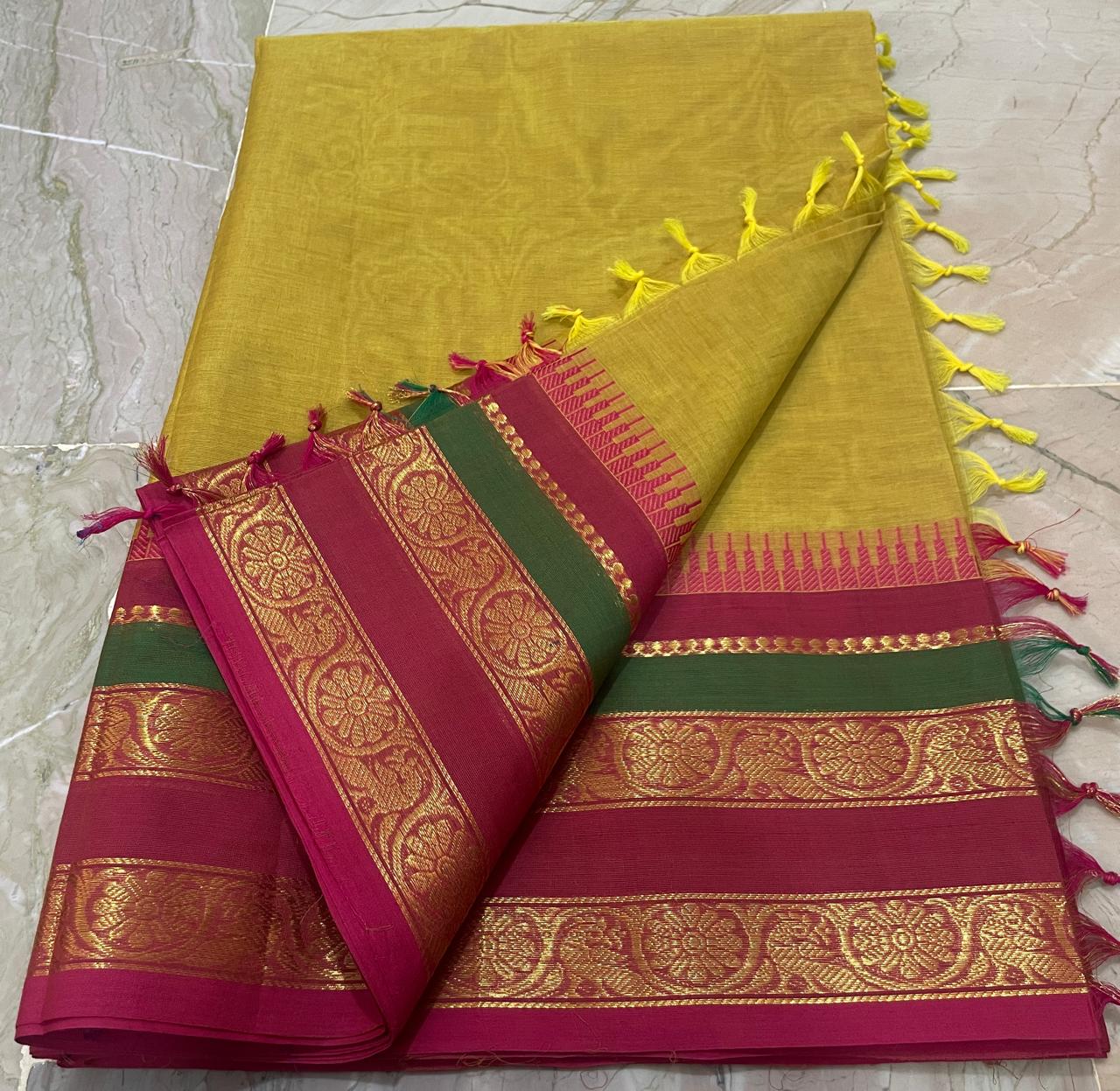 Pure Kanchi Cotton Saree – 100-Count Rich Border Design, Without Blouse Piece - DJ Fashion