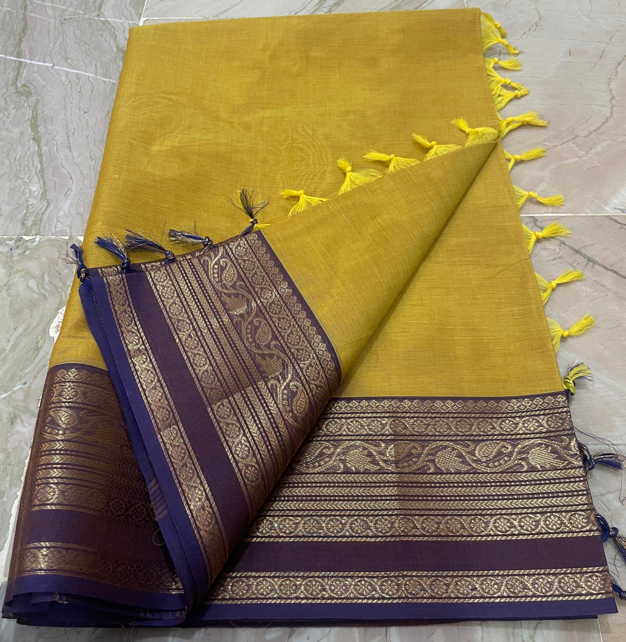 Traditional Kanchi Cotton Saree with intricate Kanchi border, perfect for festivals and ethnic occasions - DJ Fashion